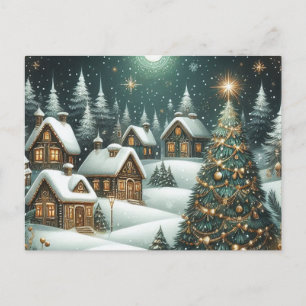 Carte Postale scène hivernale de Noël village & nuit étoilée