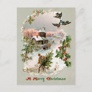 Carte Postale Scène hivernale Vintage rustique avec Holly