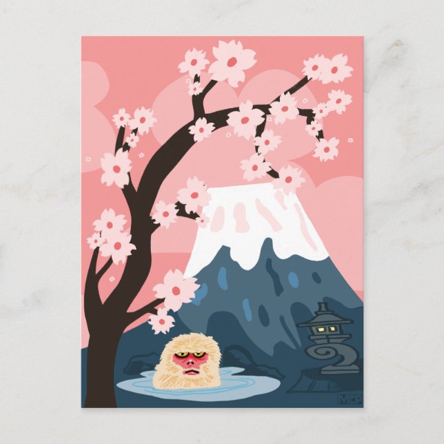 Carte Postale Scène japonaise avec singe des neiges et Mont Fuji (Devant)