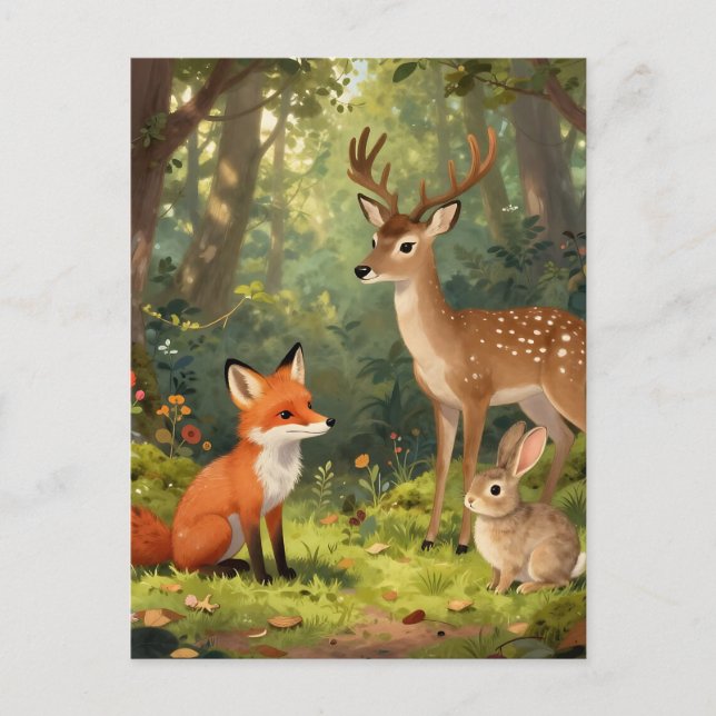 Carte Postale Scène mignonne d'animaux de la forêt (Devant)
