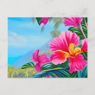 Carte Postale Scène tropicale avec des fleurs roses d'hibiscus h