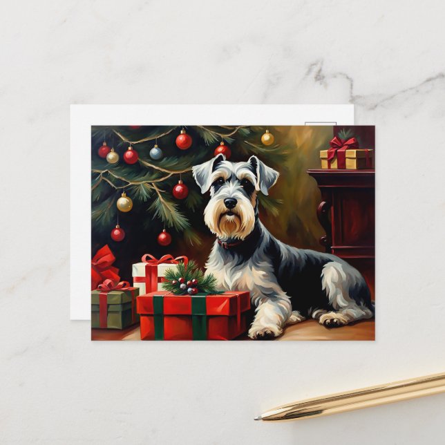 Carte Postale Schnauzer Chien Noël (Devant/Arrière en situation)
