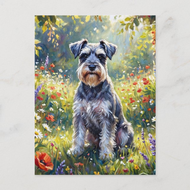 Carte Postale Schnauzer dans une prairie de fleurs sauvages (Devant)