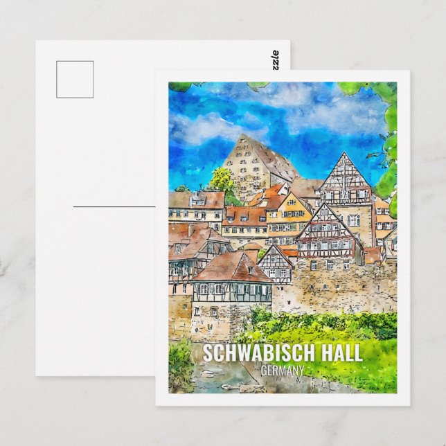 Carte Postale Schwabisch Hall Allemagne Travel Place Aquarelle (Devant / Derrière)