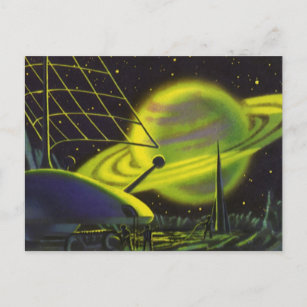 Carte Postale Science-fiction vintage Neon Green Planet w Rings
