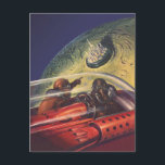 Carte Postale Science-fiction vintage, ville futuriste sur la lu<br><div class="desc">illustration vintage image de science-fiction voyage et transport avec un livre classique retro sci fi espace extra-atmosphérique et une image de planètes d'astronautes ou d'aliens voyageant dans un vaisseau spatial survolant une métropole futuriste sur la lune.</div>