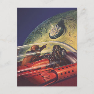 Carte Postale Science-fiction vintage, ville futuriste sur la lu