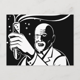 Carte Postale scientifique fou tenant le tube d'essai