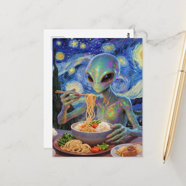 Carte Postale Scifi Alien Bleu Mangeant des Nouilles et des Légu (Devant/Arrière en situation)