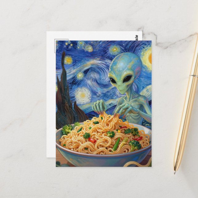 Carte Postale Scifi Bleu Alien Mangeant des Nouilles Légumes Van (Devant/Arrière en situation)