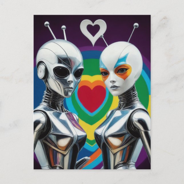 Carte Postale SciFi Female Robots in Love Rainbow Heart (Devant)