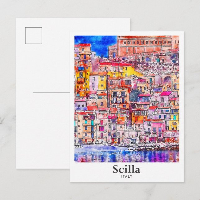Carte Postale Scilla Italie Voyage Aquarelle main tirée (Devant / Derrière)