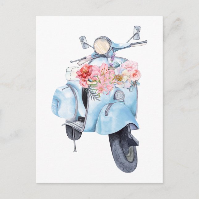 Carte Postale scooter bleu vintage avec fleurs (Devant)