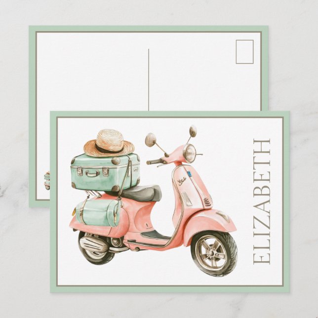 Carte Postale Scooter côtier rose et aqua mignon (Devant / Derrière)