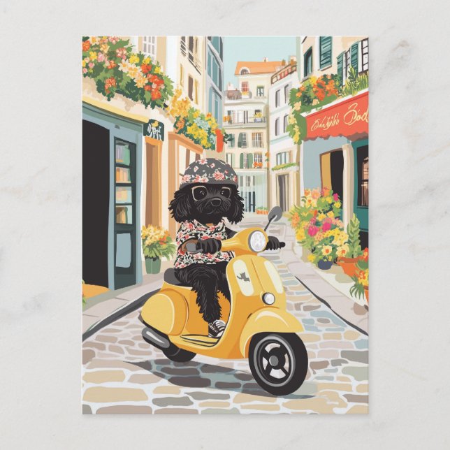 Carte Postale Scooter Doodle Noir Riding Rues de la ville europé (Devant)