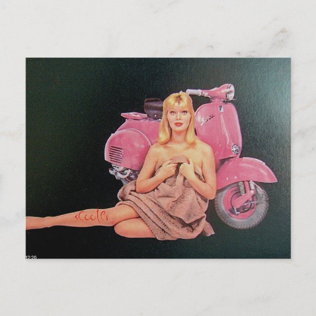 Carte Postale scooter rose et pin up (Devant)