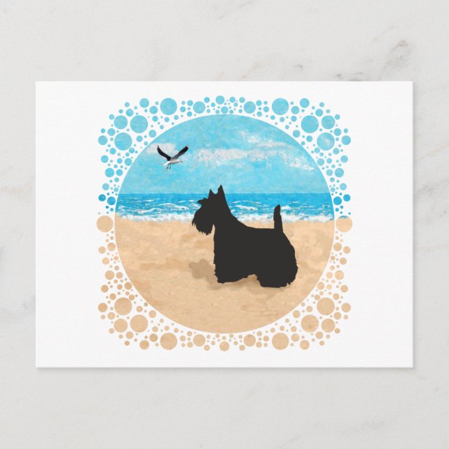 Carte Postale Scottie à la plage avec mouette (Devant)