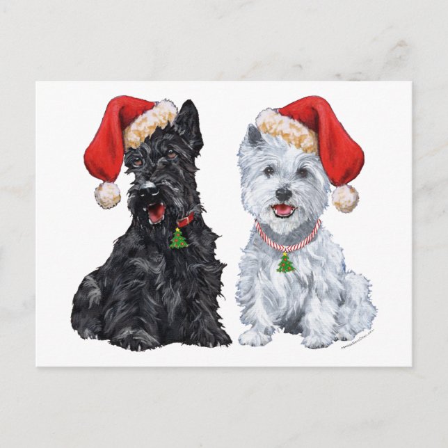 Carte Postale Scottie et Westie Caroling (Devant)