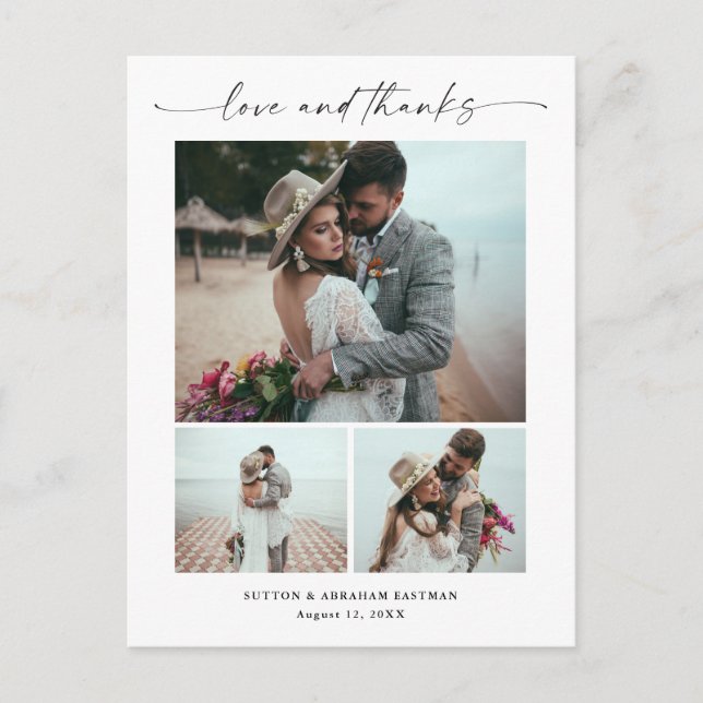 Carte Postale Script Amour et Remerciements 3 Photo Mariage Merc (Devant)