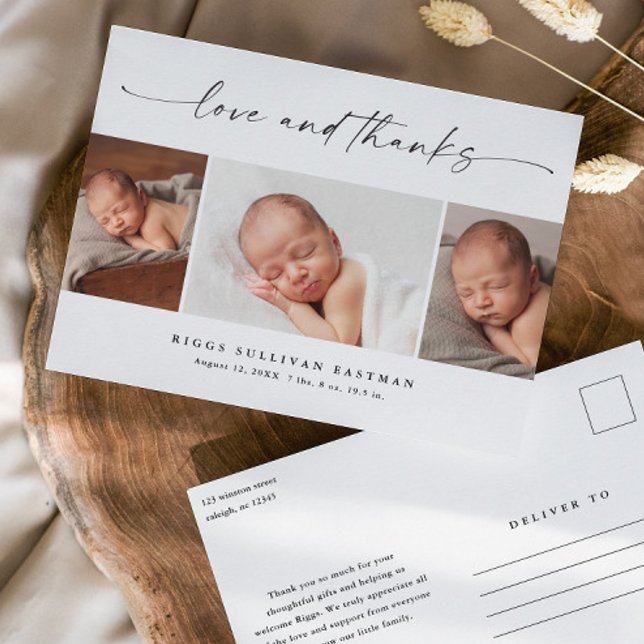 Carte Postale Script Amour et Remerciements Photo Bébé Merci  (Modern script love and thanks 3 photo collage baby thank you announcement postcards.)