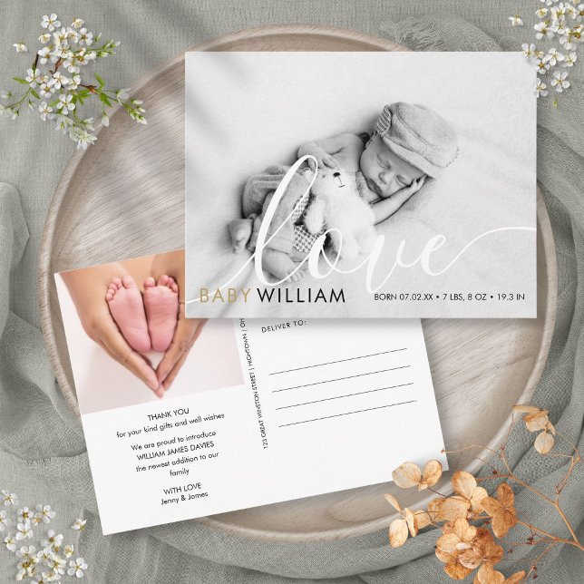Carte Postale Script Amour Moderne Or Photo Bébé Naissance Merci (Script Love Modern Gold Photo Baby Birth Thank You Postcard)