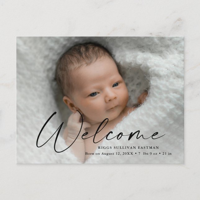 Carte Postale Script Bienvenue Bébé Photo Naissance Merci (Devant)
