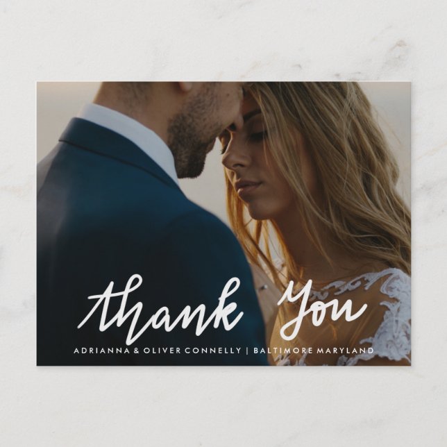Carte Postale Script blanc manuscrit Merci | Photo en couple (Devant)