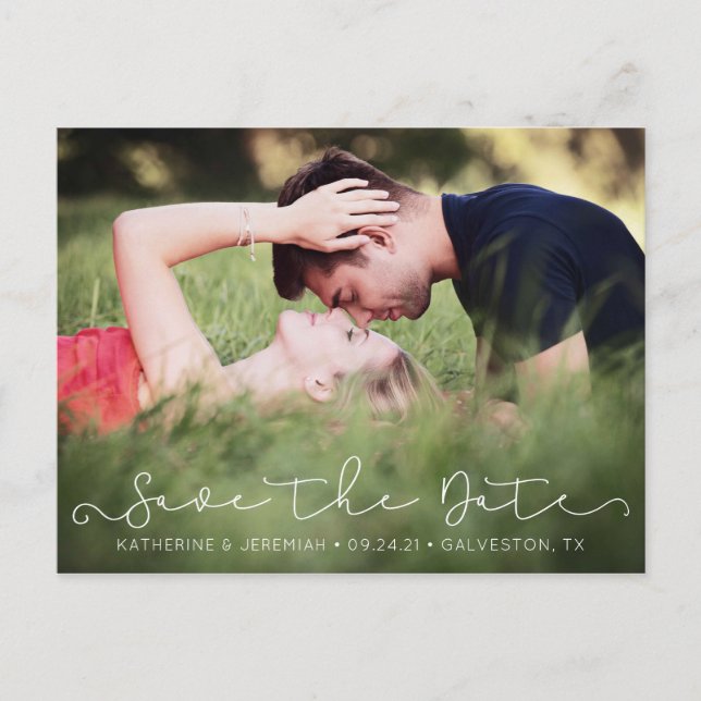 Carte Postale Script chic Enregistrer la date Fiançailles photo (Devant)