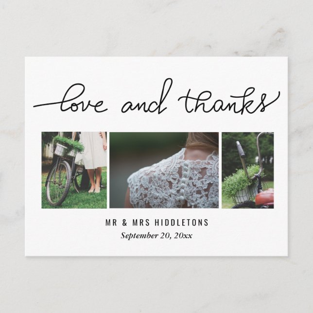 Carte Postale Script d'amour et de merci mariage | Trois photos (Devant)