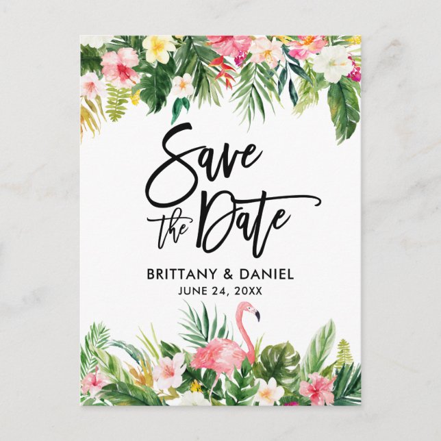 Carte Postale Script de brosse Enregistrer la date Flamant rose  (Devant)
