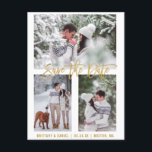 Carte Postale Script De Brosse Moderne Enregistrer La Date 3 Pho<br><div class="desc">Brosse Moderne Script Enregistrer La Date Fiançailles Couple 3 Photo Carte Postale Or</div>