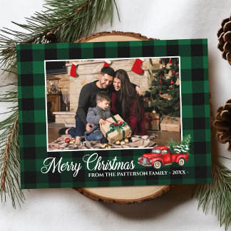 Carte Postale Script de calligraphie Photo vert Plaid Camion rou