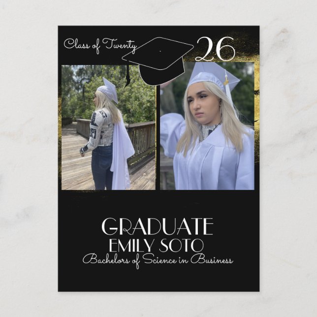 Carte Postale Script de collage de fin d'études 2026 Or Noir (Devant)