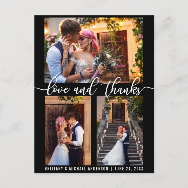 Carte Postale Script de mariage moderne avec 3 photos d'amour et (Devant)