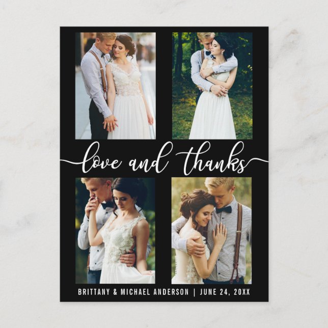Carte Postale Script de mariage moderne avec 4 photos d'amour et (Devant)
