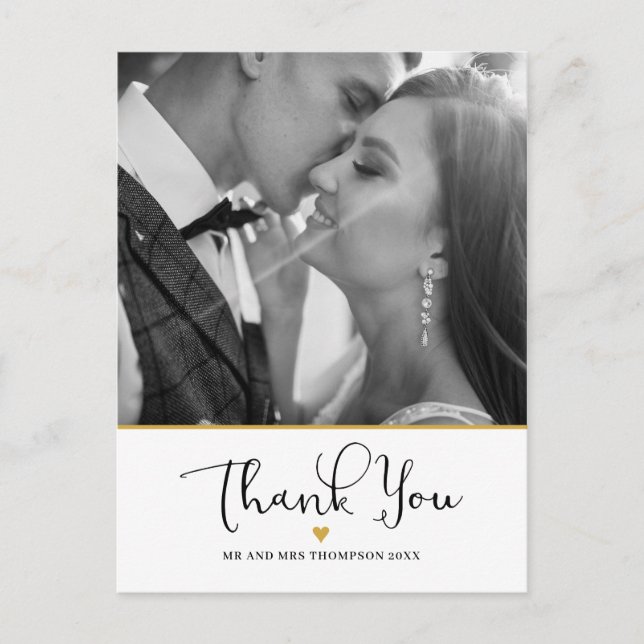 Carte Postale Script de photo de mariage Merci Cœur en or (Devant)