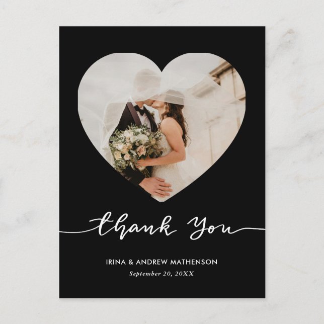 Carte Postale Script de remerciement de mariage noir Photo de cœ (Devant)