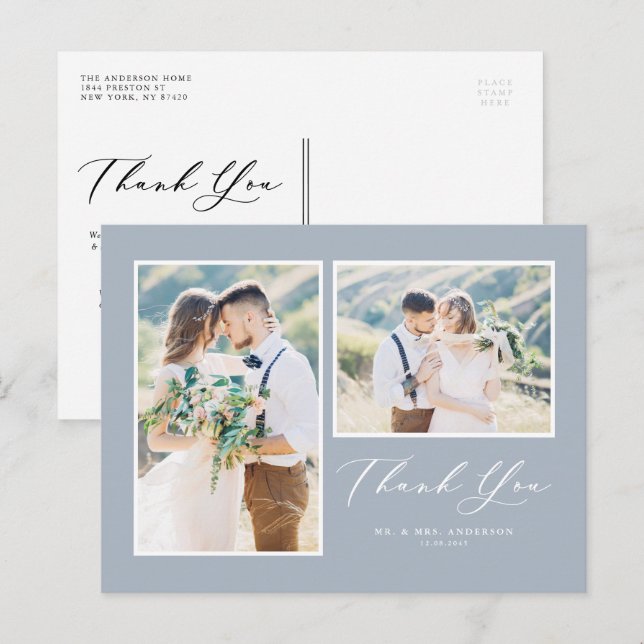 Carte Postale Script Dusty Blue Deux Mariage photo Merci (Devant / Derrière)