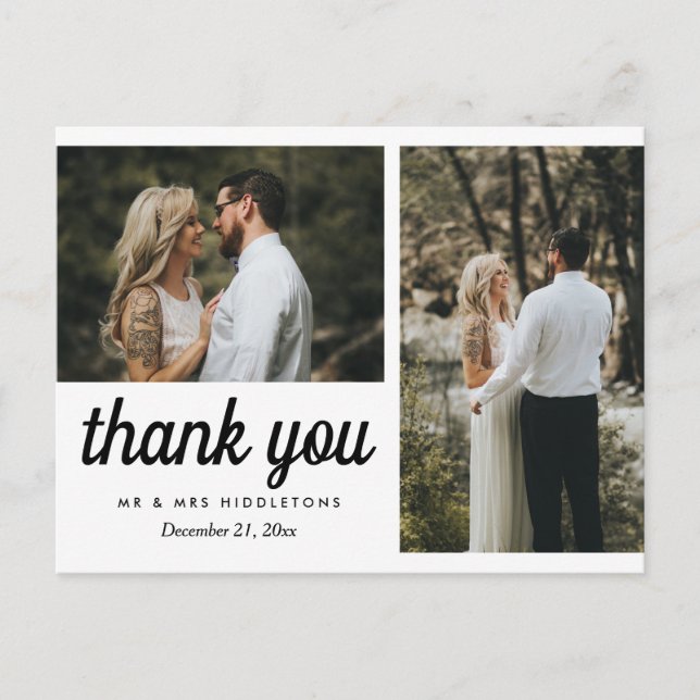 Carte Postale Script élégant du Merci mariage | Deux photos (Devant)