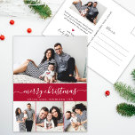 Carte Postale Script élégant Famille Photo Collage Rouge Noël<br><div class="desc">Élégante calligraphie minimaliste élégante Rouge et Blanc 4 Photo Collage "Joyeux Noël" Script Noël Noël Noël Noël Cartes de poste. Ce modèle festif, simple quatre (4) photo de carte de vacances présente un joli collage photo et dit "Joyeux Noël"! Le texte de salutation "Joyeux Noël" est écrit dans une belle...</div>