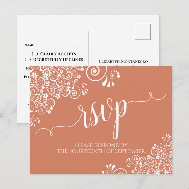 Carte Postale Script en dentelle blanche sur Terracotta Mariage  (Devant / Derrière)
