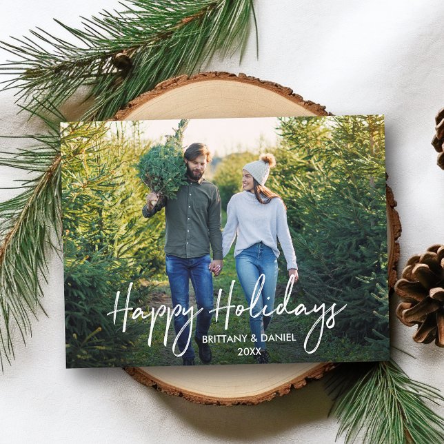 Carte Postale Script manuscrit Happy Holidays Couple Photo (Customize to change your personalized text size or text style.)