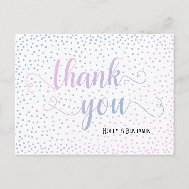 Carte Postale Script Merci Confettis Rose Bleu Baby Shower (Devant)