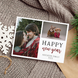 Carte Postale Script moderne Deux photos Famille Joyeux Nouvel A