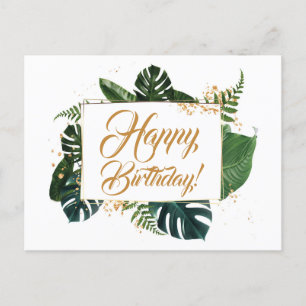 Carte Postale Script Moderne Feuilles Vertes Joyeux Anniversaire