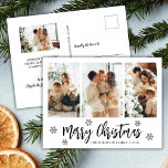 Carte Postale Script moderne Flocon de neige 3 Photo Collage Noë<br><div class="desc">Élégant, moderne Flocon de neige noir et blanc 3 Photo Collage Joyeux Script de Noël Carte postale de vacances. Ce modèle festif, mimimaliste, trois cartes de vacances photo présente un joli collage photo, un flocon de neige et dit Joyeux Noël! Le texte de salutation "Joyeux Noël" est écrit dans une...</div>