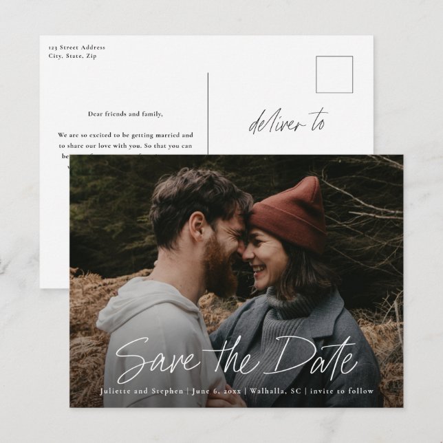 Carte Postale Script moderne Mariage photo simple Enregistrer la (Devant / Derrière)