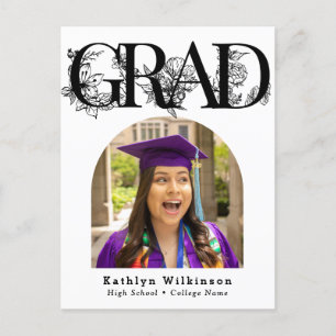 Carte Postale Script noir moderne Faire-part de graduation flora