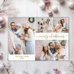 Carte Postale Script or moderne 5 photos de Noël multiples<br><div class="desc">Budget Minimaliste Élégante Calligraphie Blanc et Or Multiples Photos de Noël Cartes. Ce modèle festif, simple 5 (cinq) photo de carte de vacances dispose d'un joli collage photo (à l'avant 4 photo et à l'arrière 1 photo), un texte de bienvenue "Joyeux Noël" qui est écrit dans une belle main lettré...</div>