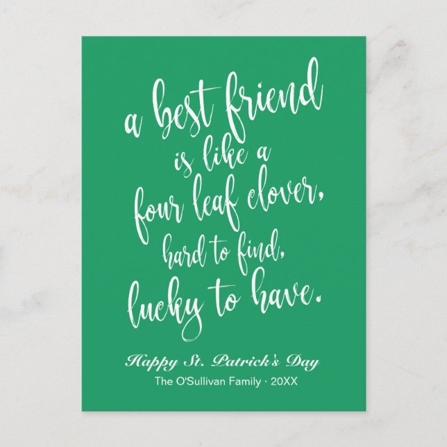 Carte Postale Script Proverbe d'amitié irlandais St. Patrick's D (Devant)